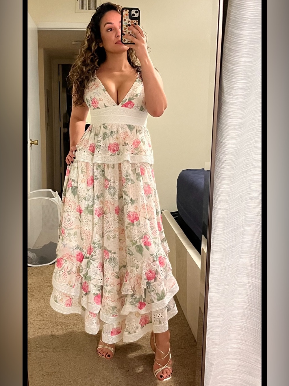 Gianni Bini Floral Lace Trim Maxi Dress in Ivory with Pink & Green
